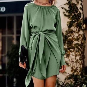 Satin Dress Long Sleeve Tie Waist Cocktail Party Moss Green Size L Work Wedding